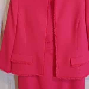 Kasper Size 14. Dress/Jacket.  Fringe detail around neckline, front, hem, sleeve